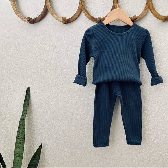 Solid Ribbed Kids Lounge Set - Blue - Picture 2 of 6
